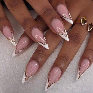 24pcs Long White w/ Gold Line French Manicure High Gloss Press-On Nails New